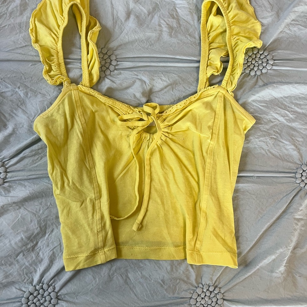 Yellow Ruffle Strap Tie-Front Crop Top